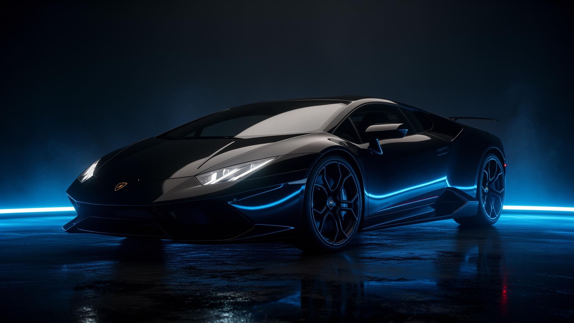 Carro esportivo premium escuro com iluminação azul neon